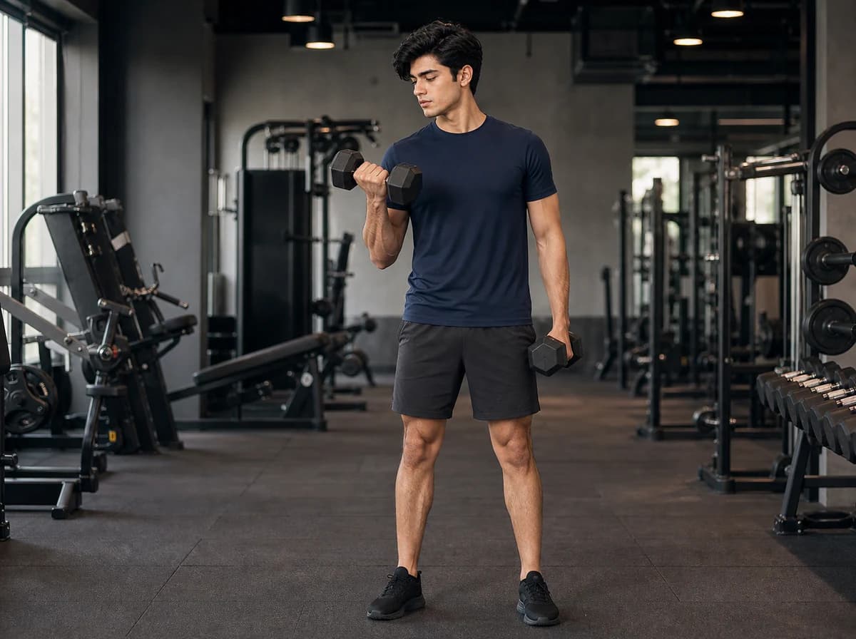 GenXport activewear model training with dumbbells in a modern gym