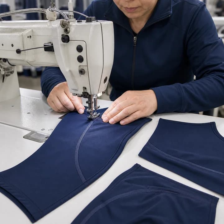 Operator sewing a flatlock seam on navy activewear panels