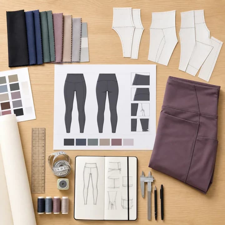 Activewear tech pack, patterns, swatches, and finished leggings on a design table