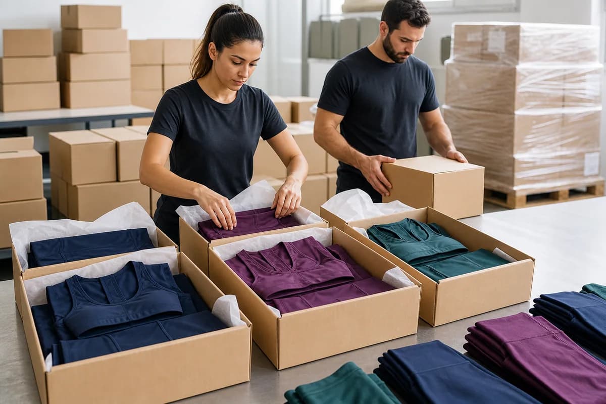Activewear sets being checked and packed into export-ready cartons