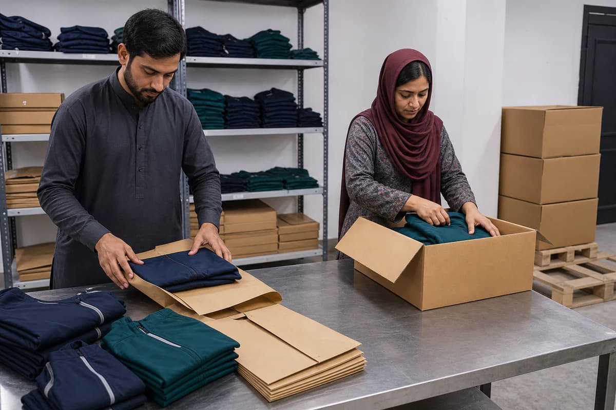 GenXport packing team preparing branded yoga activewear for export