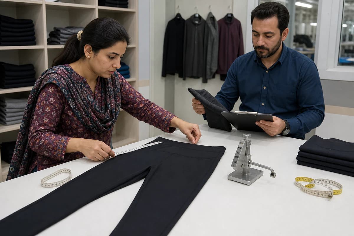 Quality inspectors checking activewear leggings seams and dimensions