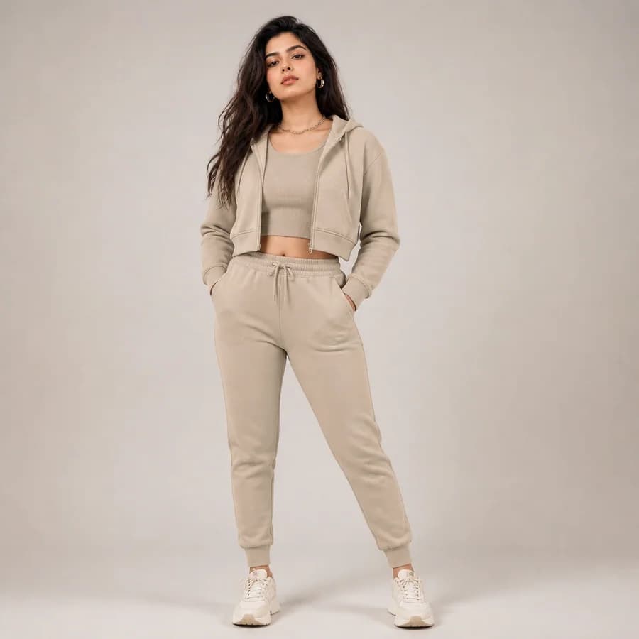 Woman modeling a stone cropped zip hoodie and athleisure joggers