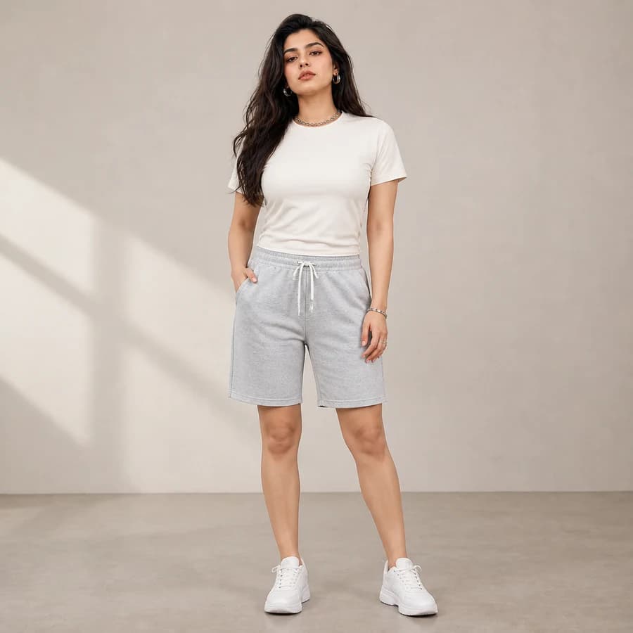 Woman modeling relaxed heather-gray drawstring gym shorts