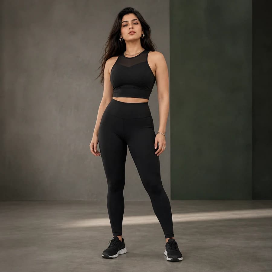 Woman modeling a black high-support sports bra and leggings set