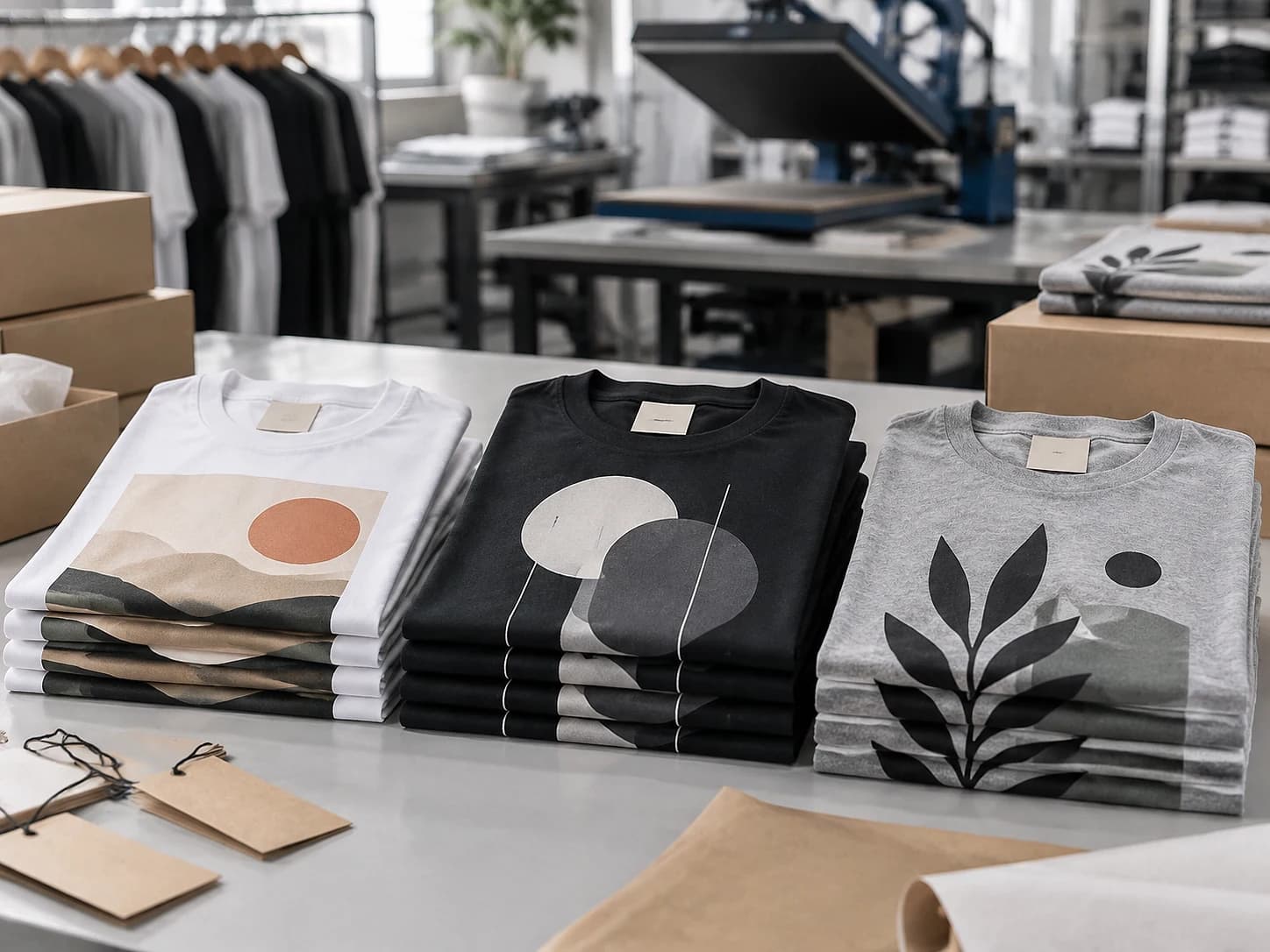 Finished printed tees folded with neck labels, hang tags and packing boxes