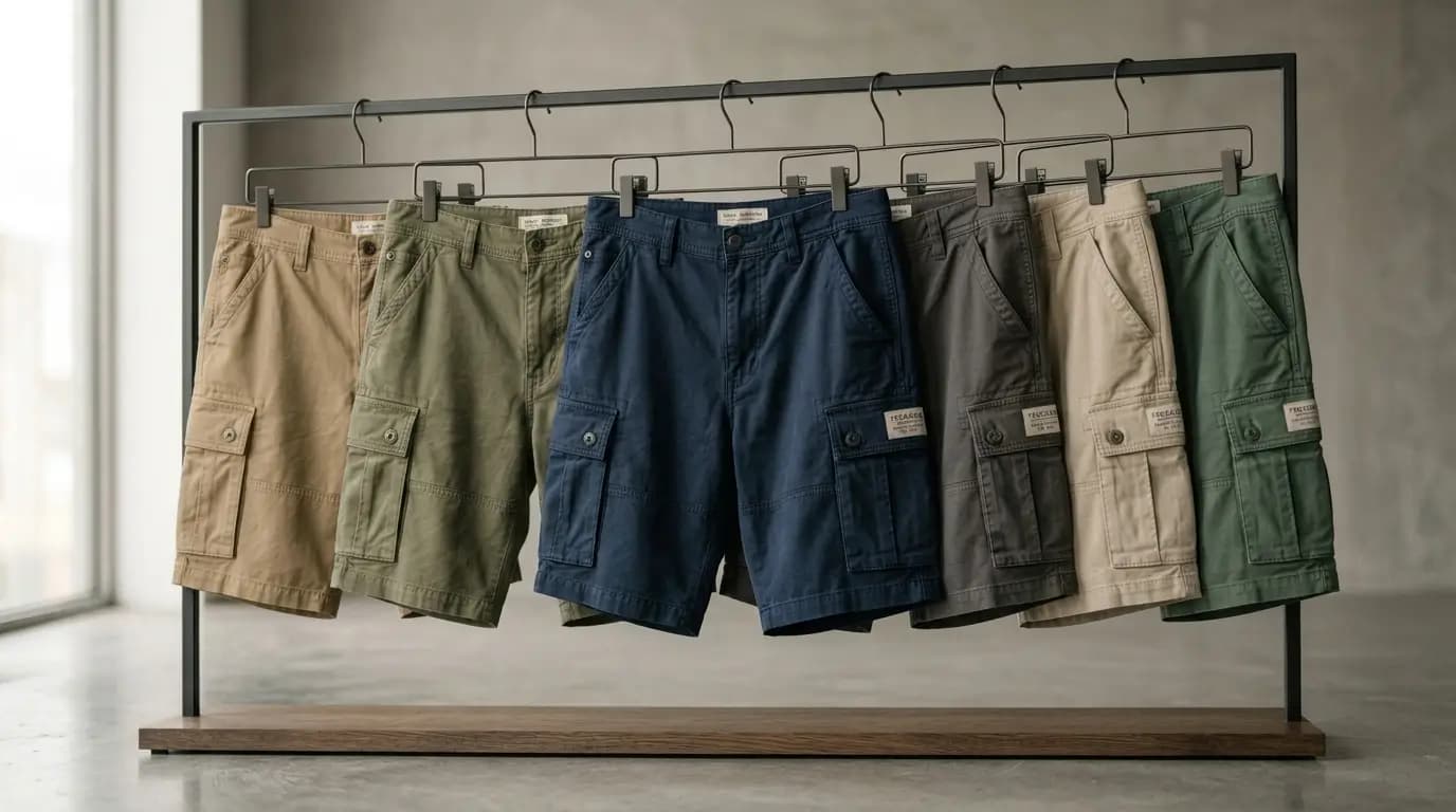 Custom cargo shorts collection displayed on a garment rack