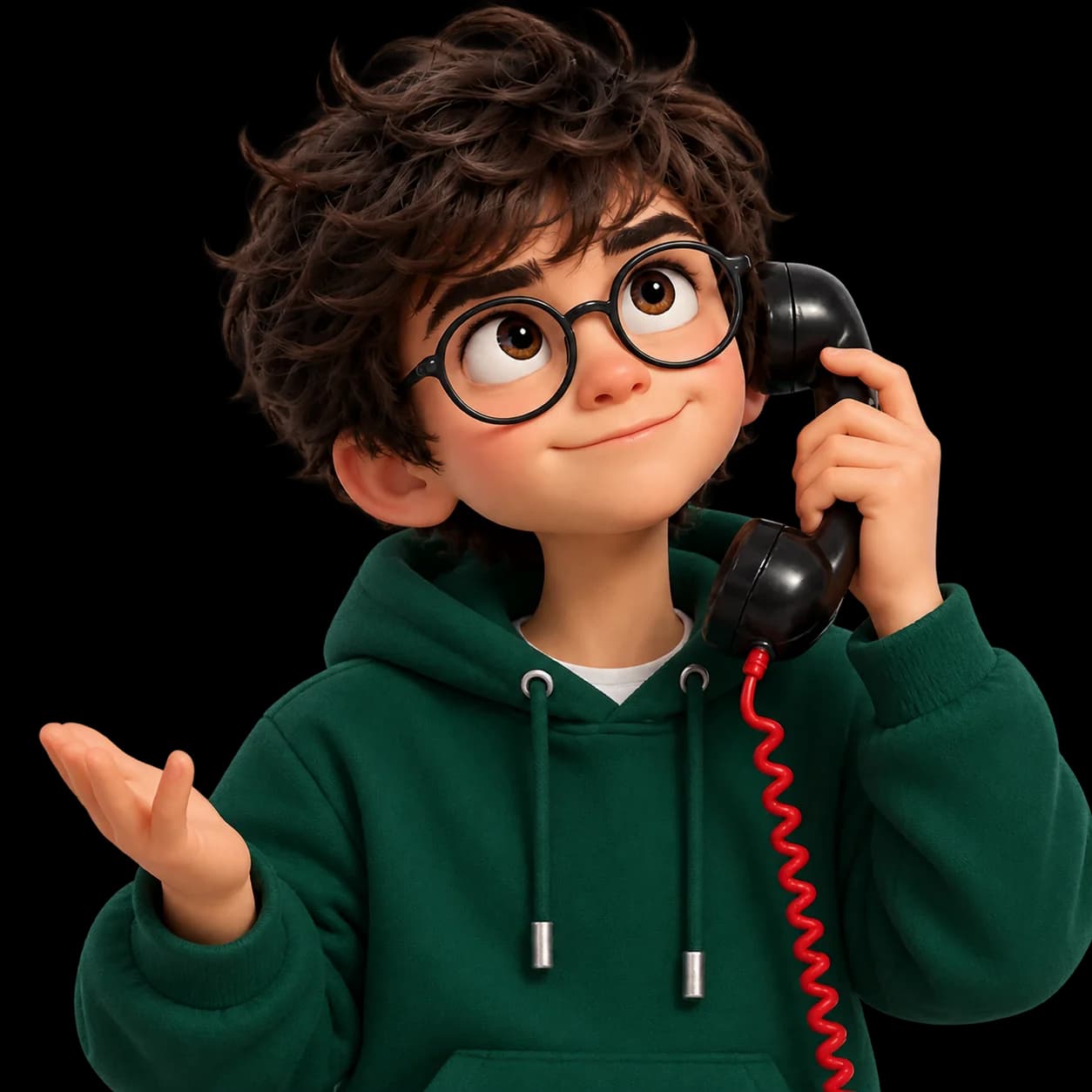 Illustrated character in a green hoodie and glasses holding a telephone receiver