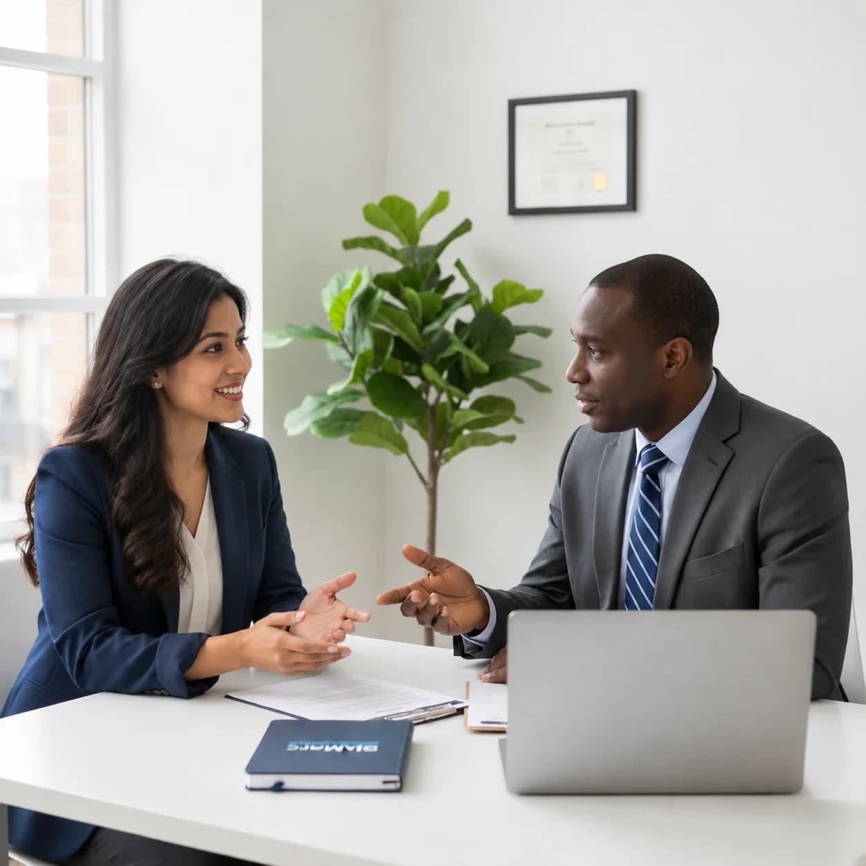 Two professionals discussing a project at a desk with a laptop and notes