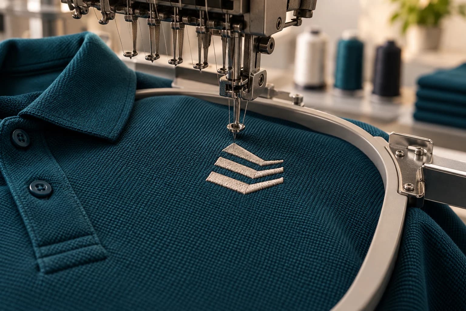 Embroidered logo stitched onto a polo shirt chest