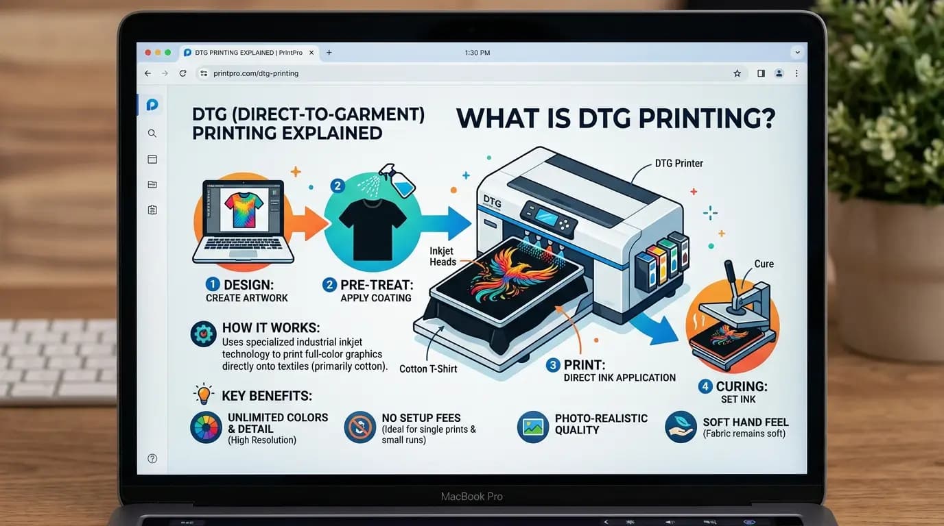 What is DTG printing shown as ink sprayed directly onto a cotton garment by an industrial printer