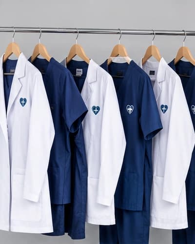 Rail of facility lab coats and navy scrubs with embroidered emblems