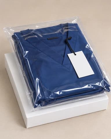 Navy scrub set in a clear polybag with a blank hang tag on a retail box