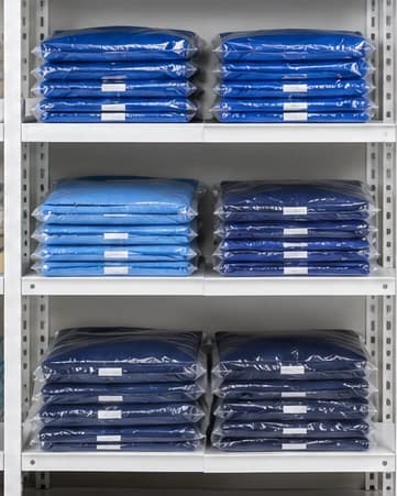 Shelves of polybagged stock scrub sets ready for your label and tags