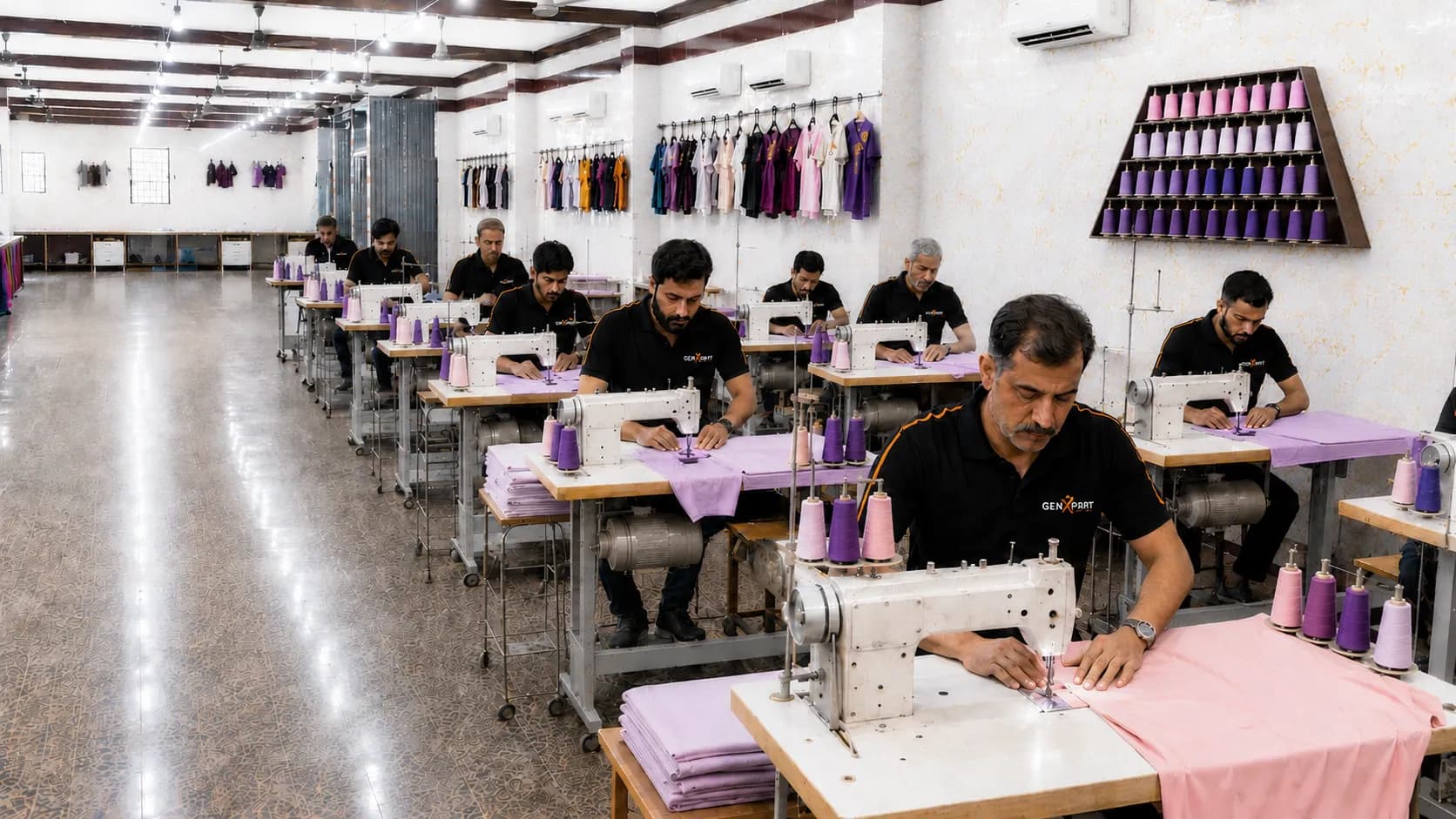 Industrial sewing lines across the organised production floor