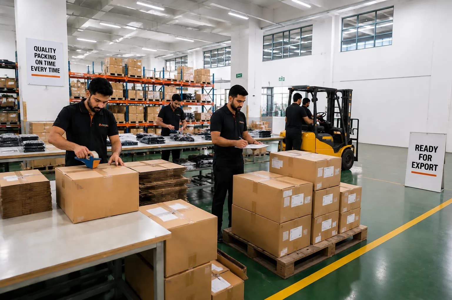 Packing and export area preparing labelled cartons for worldwide dispatch