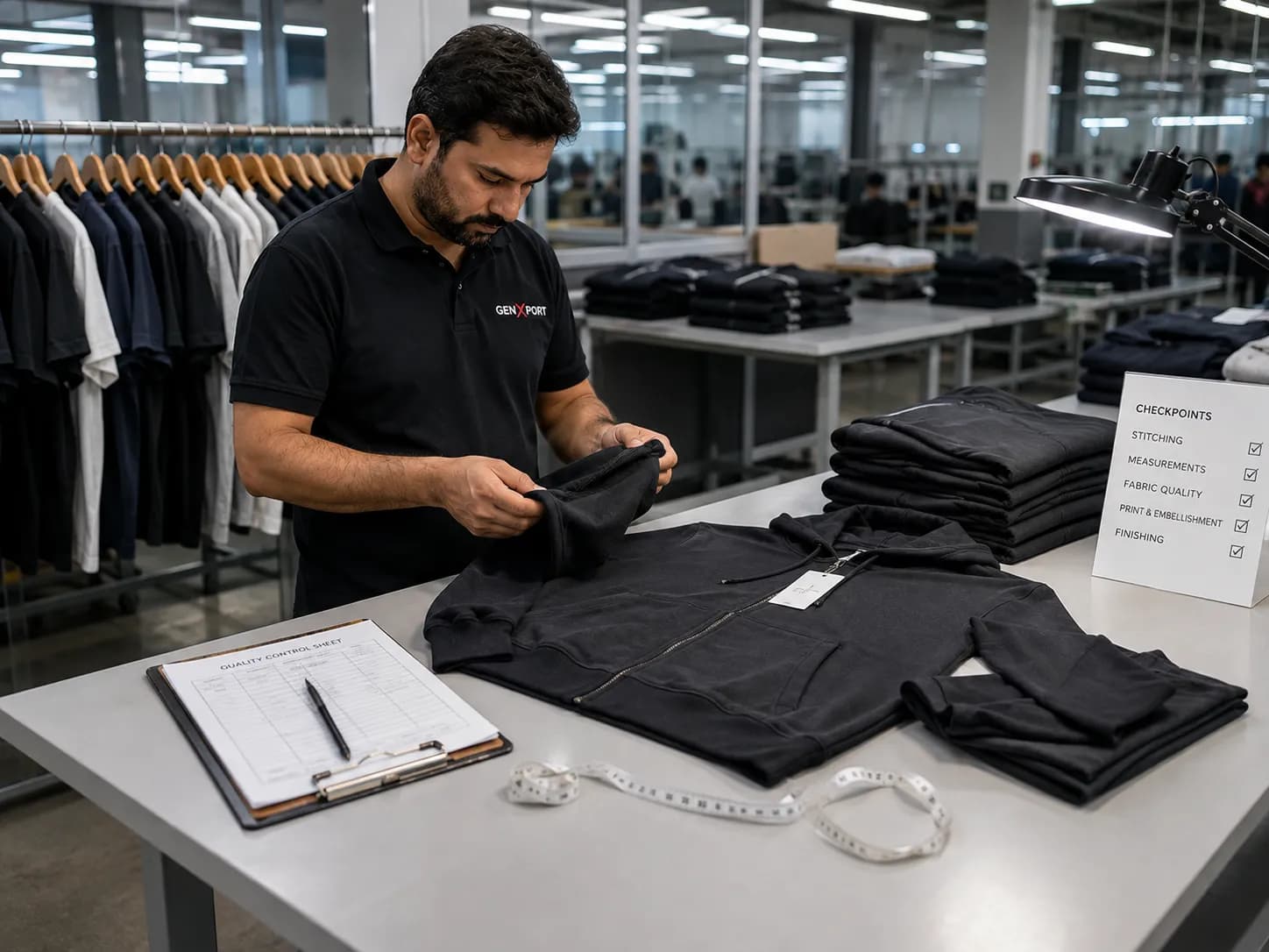 Dedicated quality control station checking garments against the sample