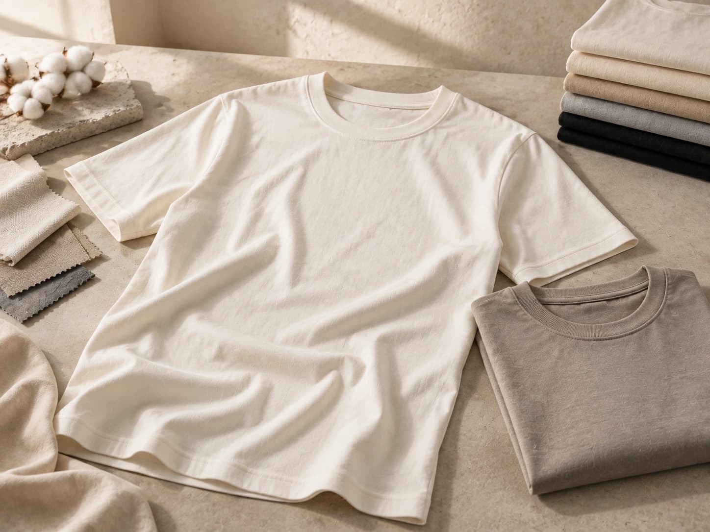 Cotton tee flat-lay with raw cotton bolls and cotton swatches