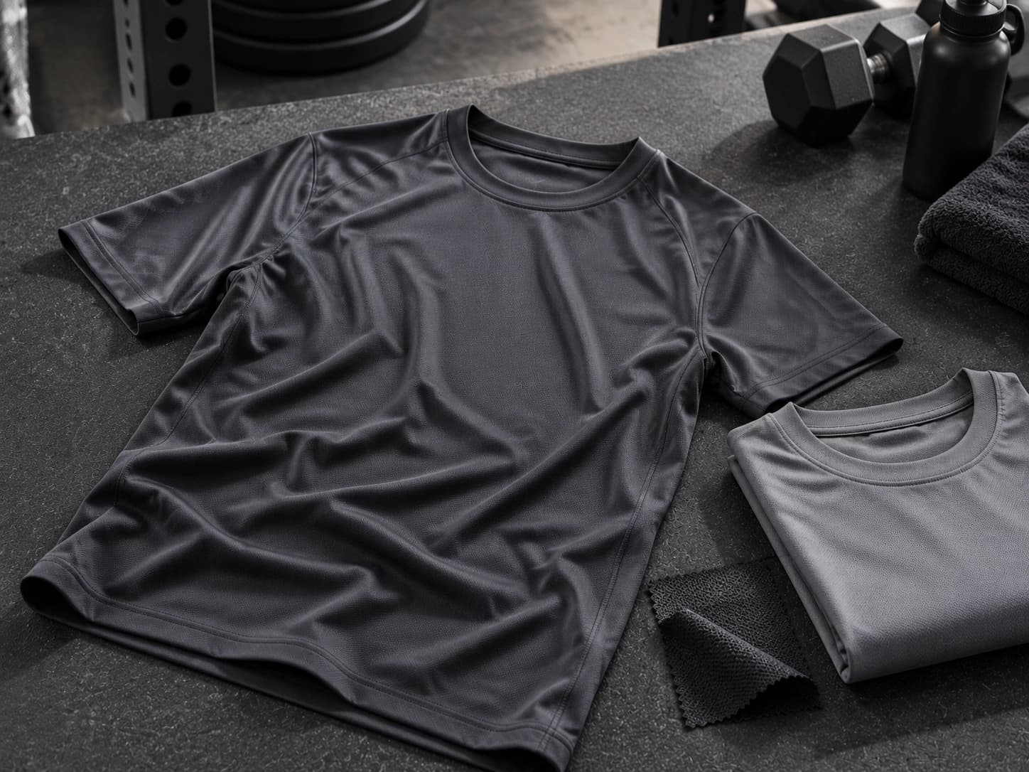Dryfit tee flat-lay in a gym with a dumbbell, bottle and mesh swatch