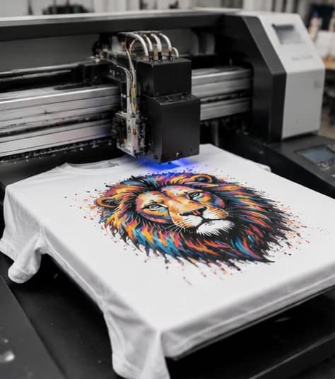 DTG printer laying multicolour artwork onto a white cotton tee