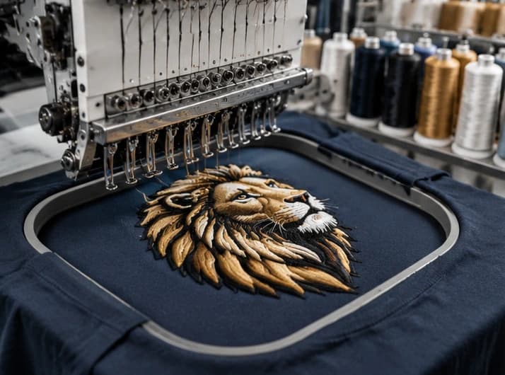 Embroidered logo being stitched on an embroidery machine