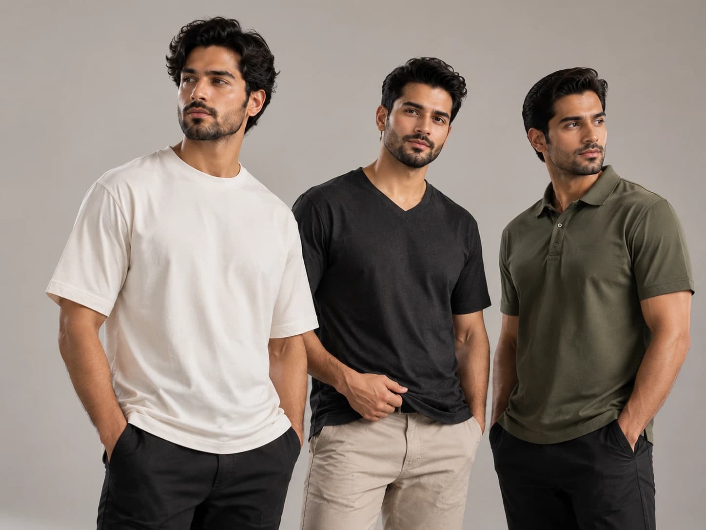Three models wearing crew, v-neck and polo styles from the men's tee range