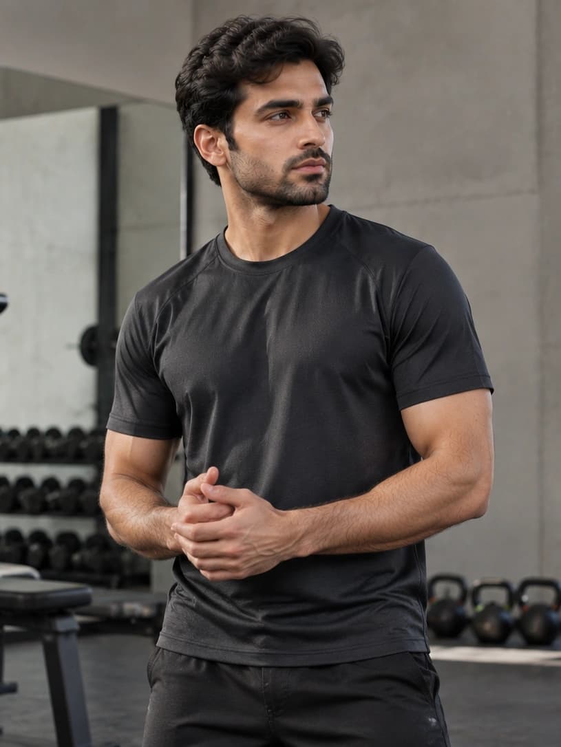 Black dryfit performance tee worn in a training gym