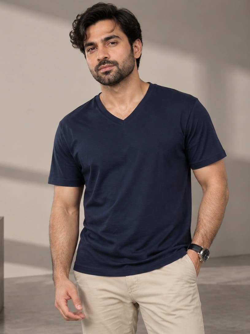 Navy v-neck tee for fashion and lifestyle menswear lines
