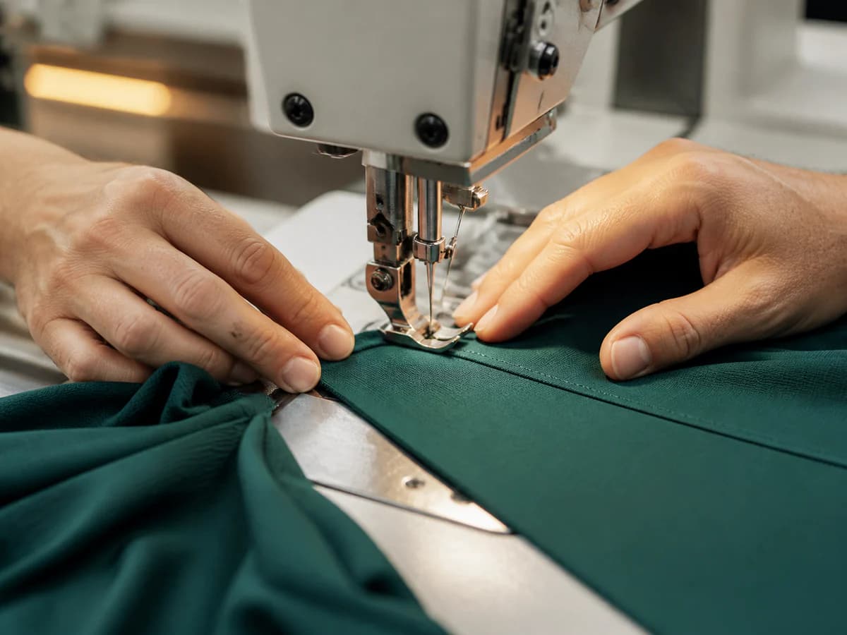 Operator sewing stretch activewear panels in production
