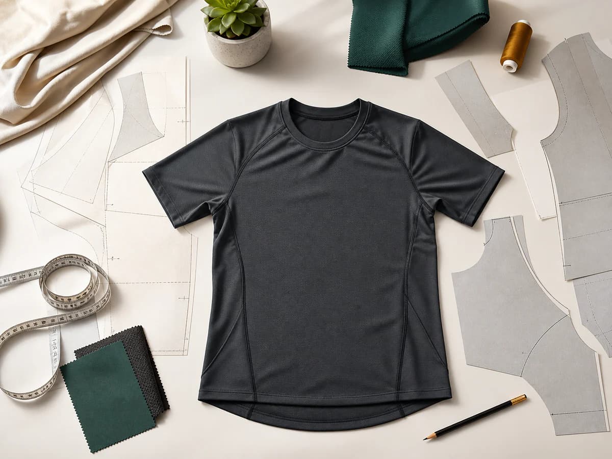 Activewear patterns, fabric swatches, and finished garments on a design table