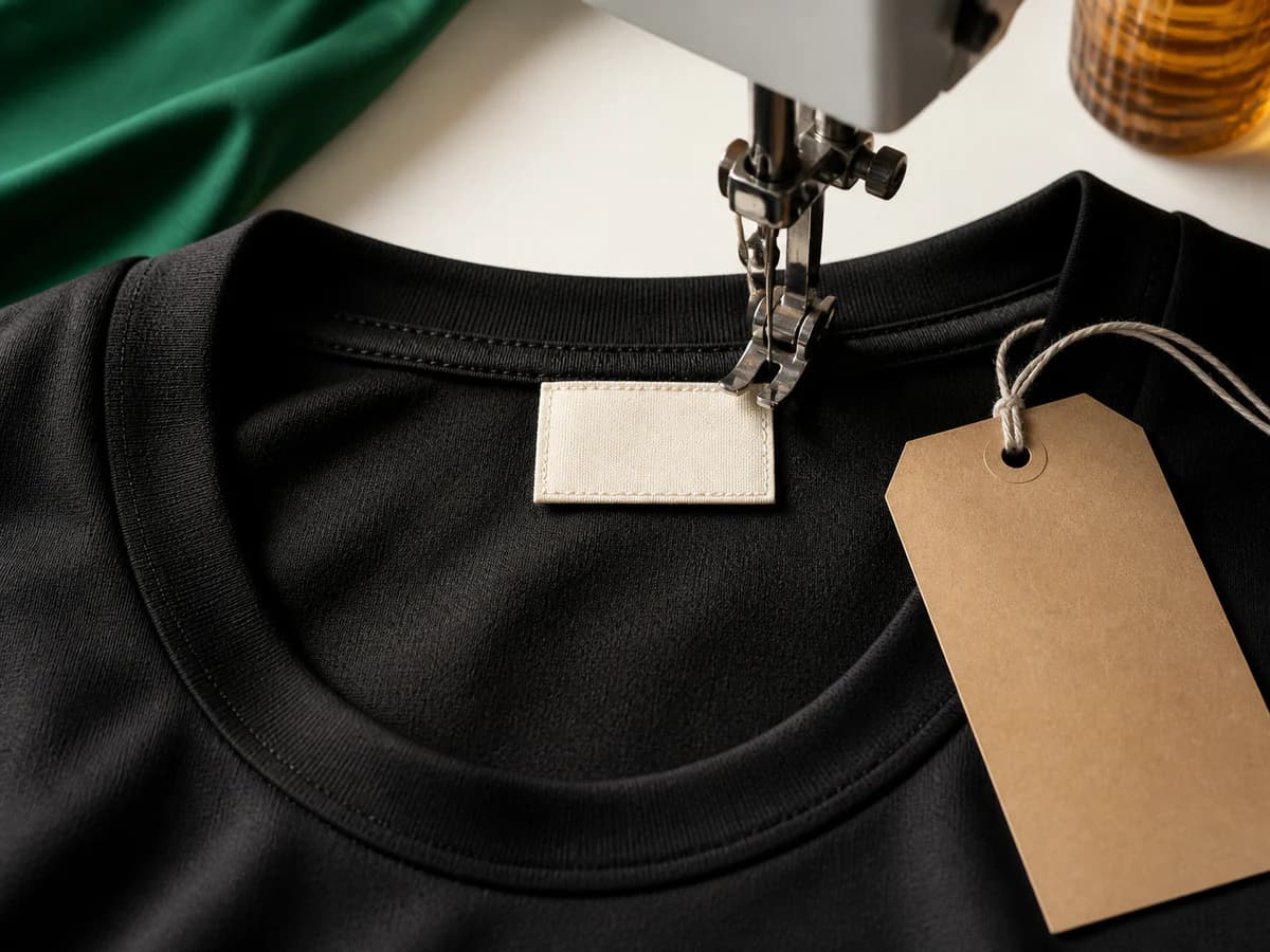 Activewear garment finished with a custom woven label and hang tag