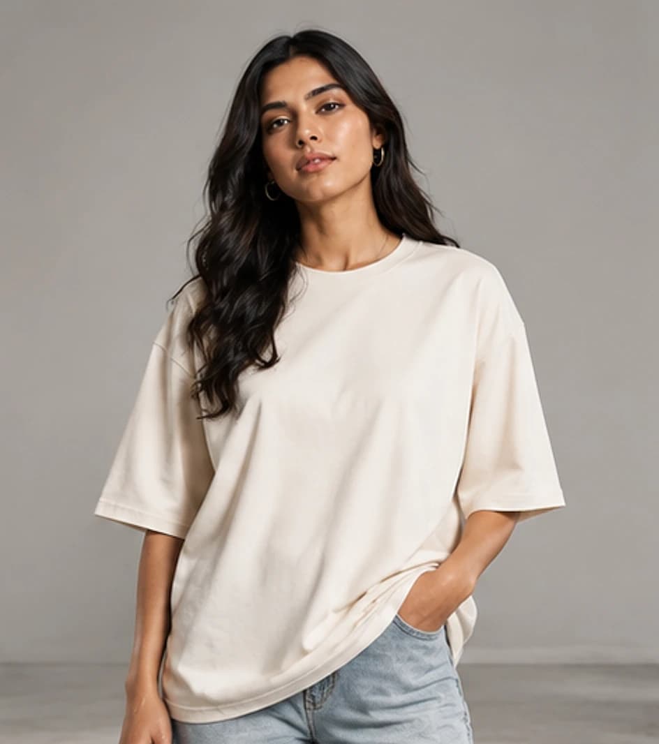 Unbranded off-white oversized blank tee on model