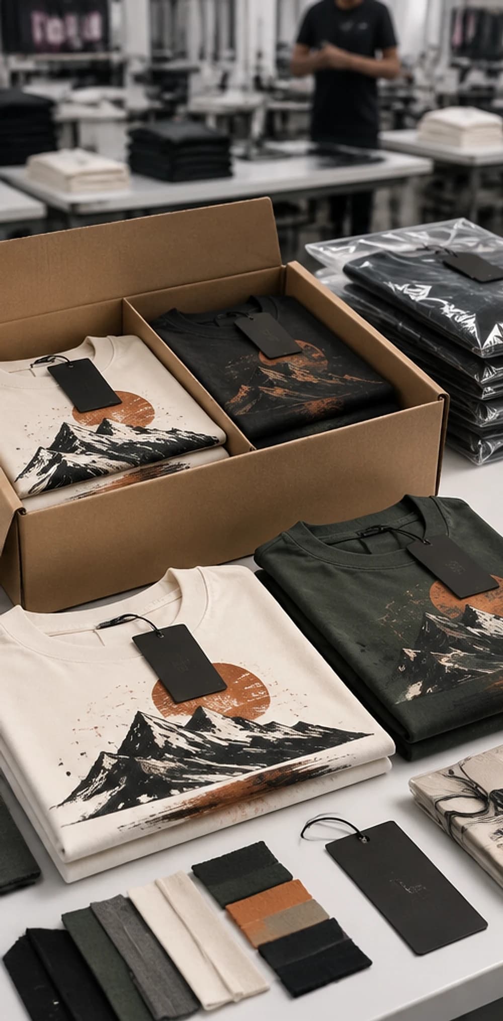 Printed tees packed with branded hang tags and retail boxes