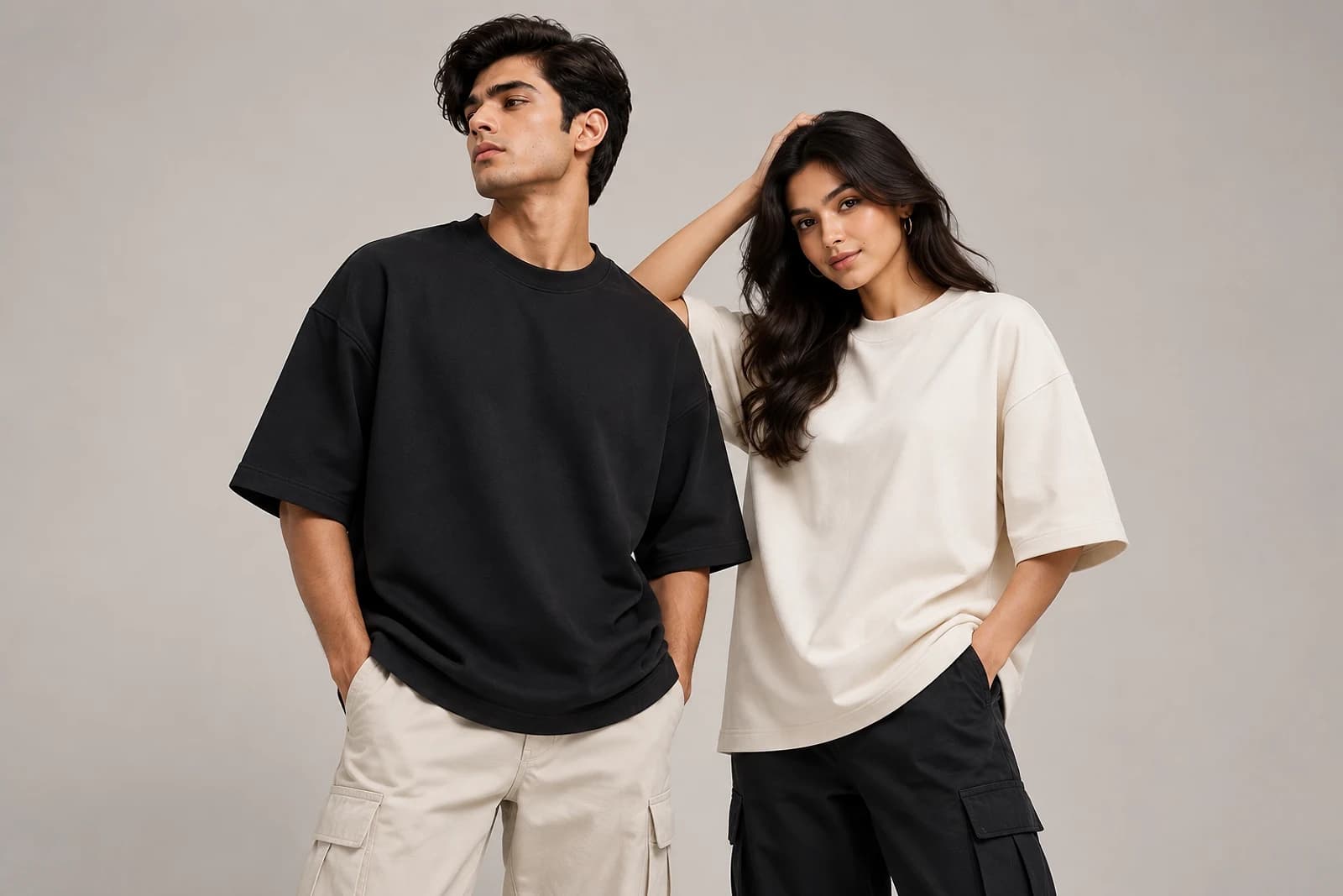 Two models wearing heavyweight oversized tees in black and cream