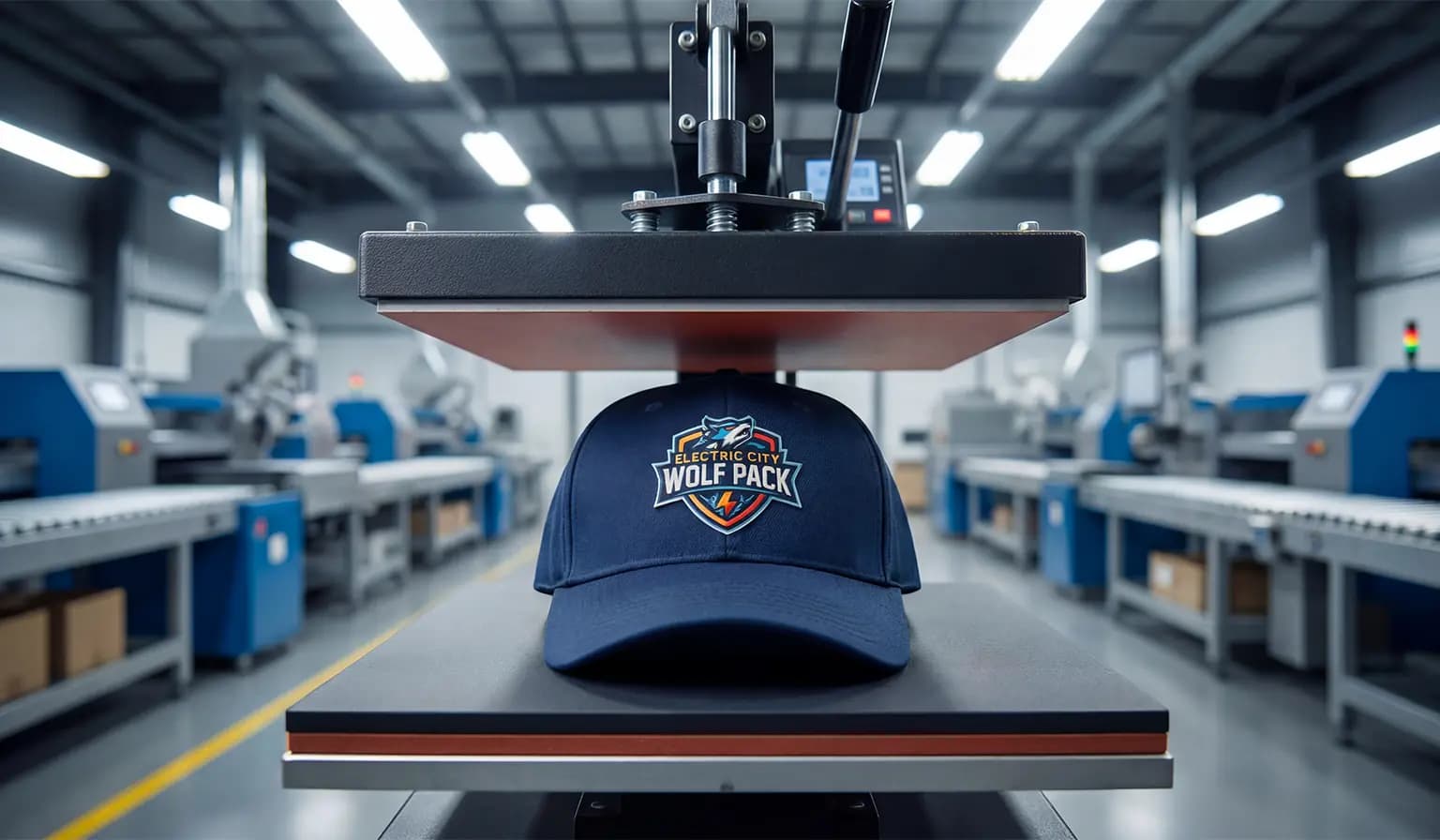 Sports team cap being heat-pressed with a DTF printed club crest in production