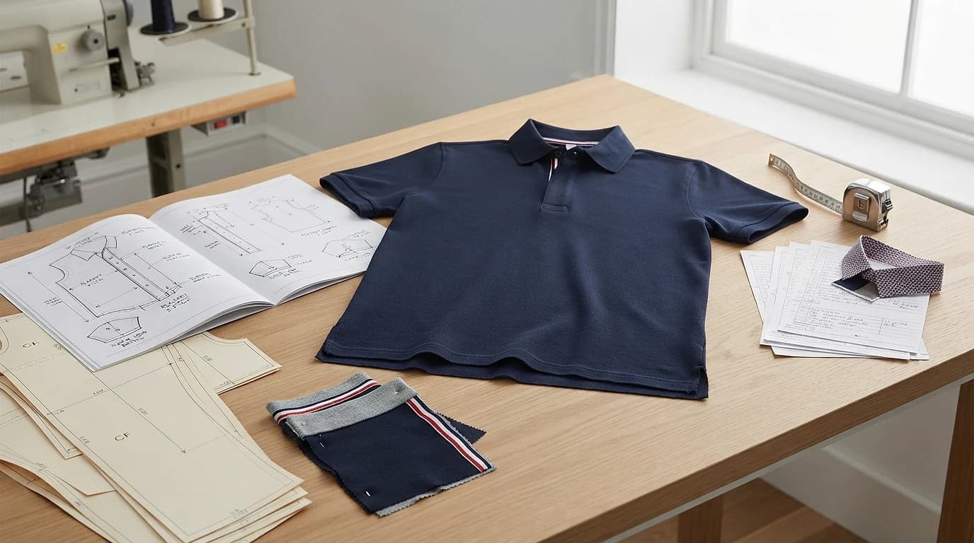 Graded polo patterns, tech pack sheets and trim swatches on a bench