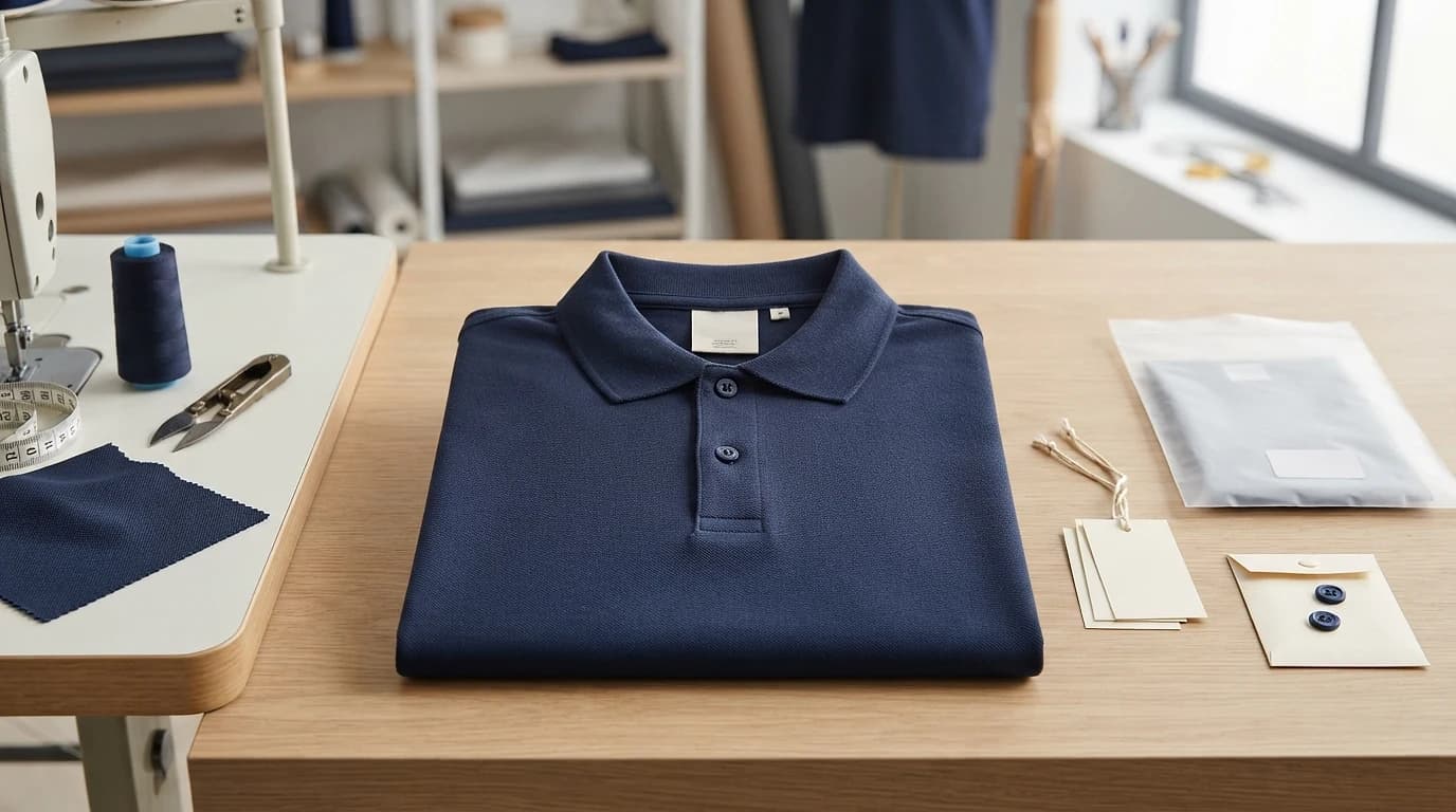Finished polo with its neck label, hang tags, buttons and polybag