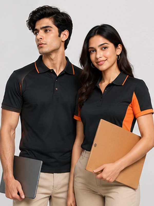 Branded corporate team polos in black with orange panels
