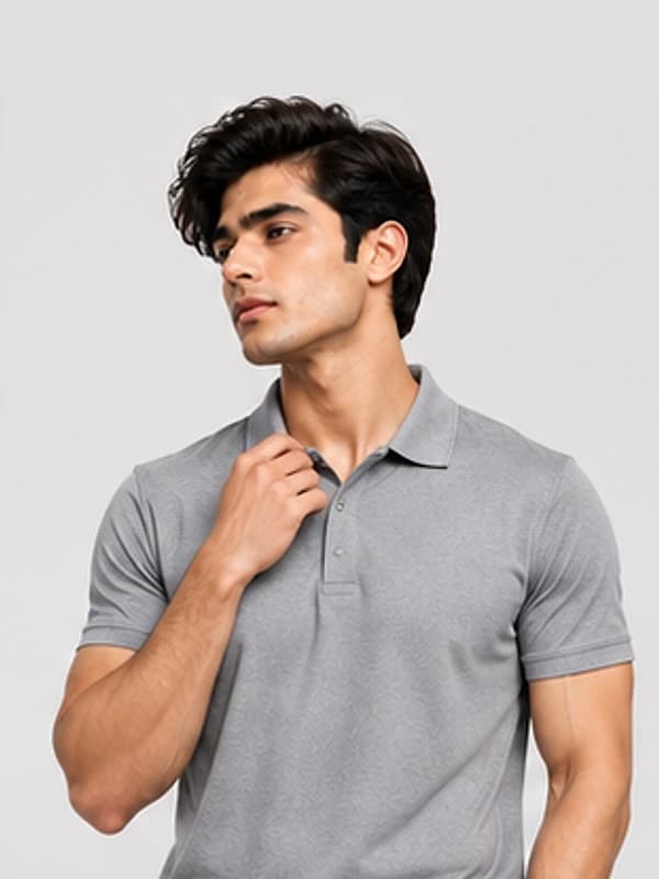 Soft grey combed cotton polo with a fine, premium surface