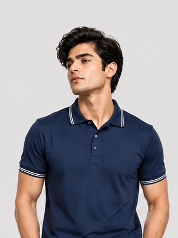 Navy pique cotton polo with contrast collar and cuff tipping