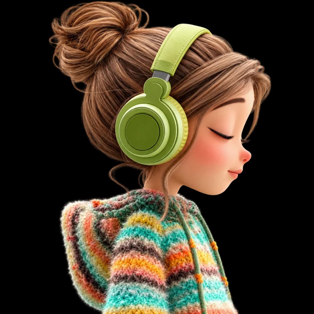 Illustrated character in a multicolour striped knit sweater