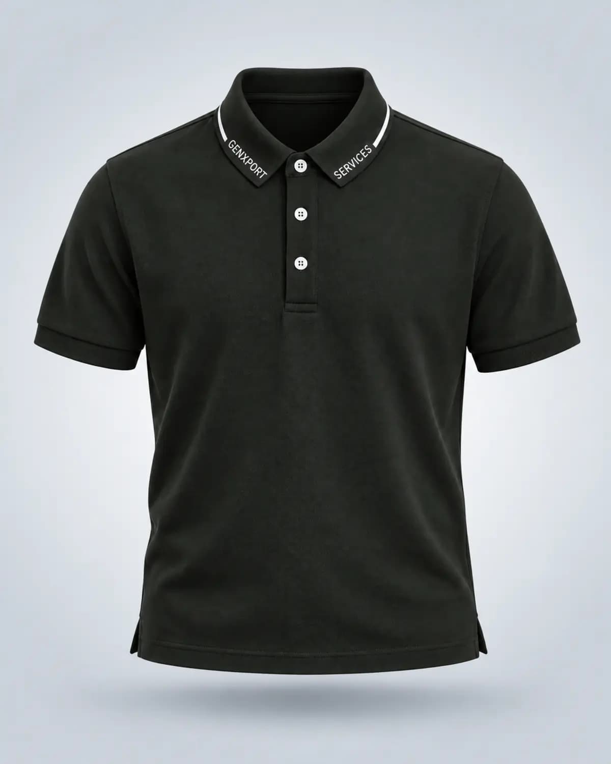 Black short-sleeve GenXport polo shirt with a button placket and white collar lettering