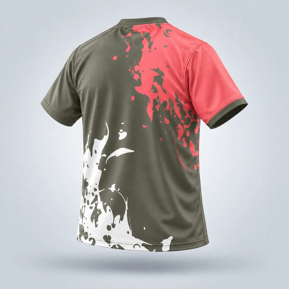 Gray sports T-shirt with coral and white splatter-style graphics