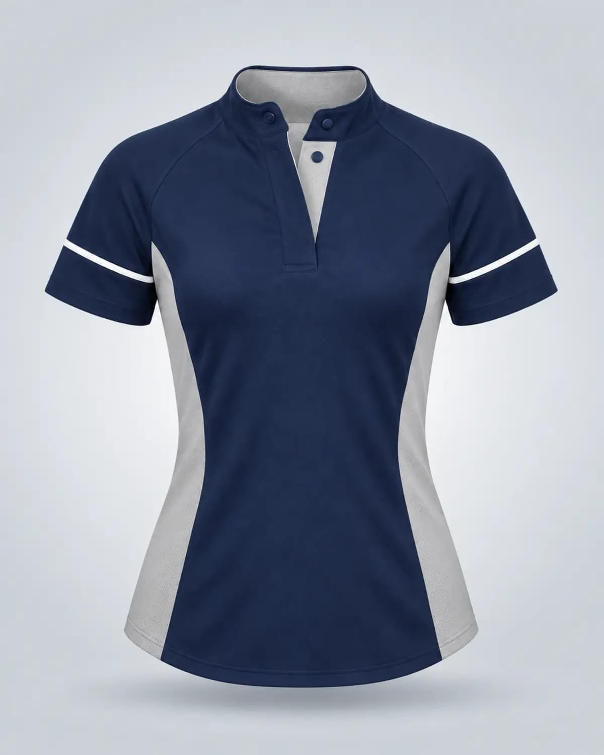 Navy polo shirt with a light gray lower panel, gray collar and white sleeve trim