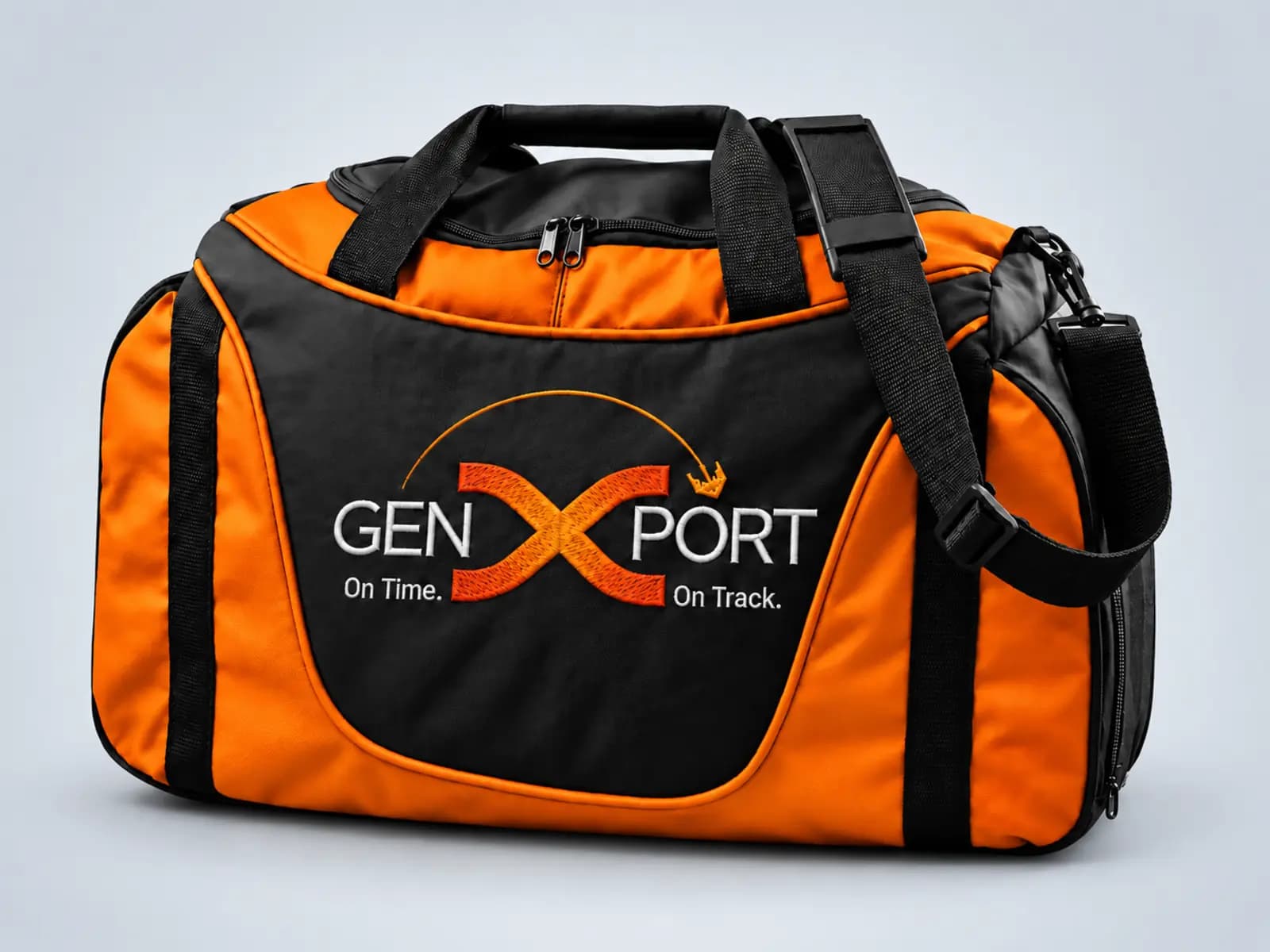 Orange and black GenXport sports duffel bag with handles and a shoulder strap