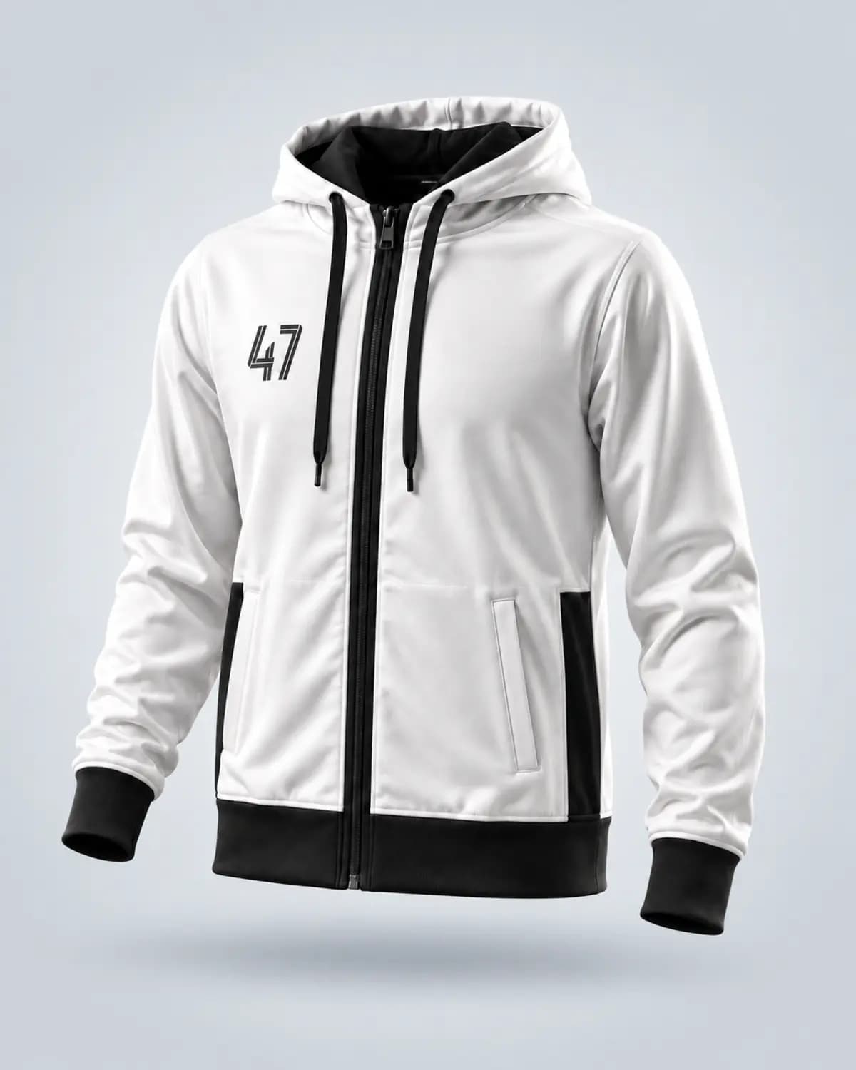 White zip-up hoodie with black zipper, drawstrings, cuffs and hem, and number 47 on the chest