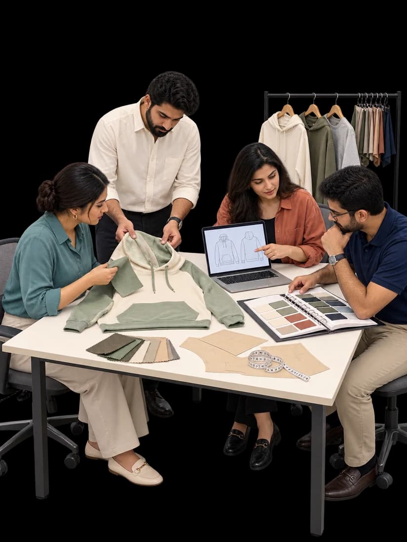 Team reviewing a first proto sample against its sketches