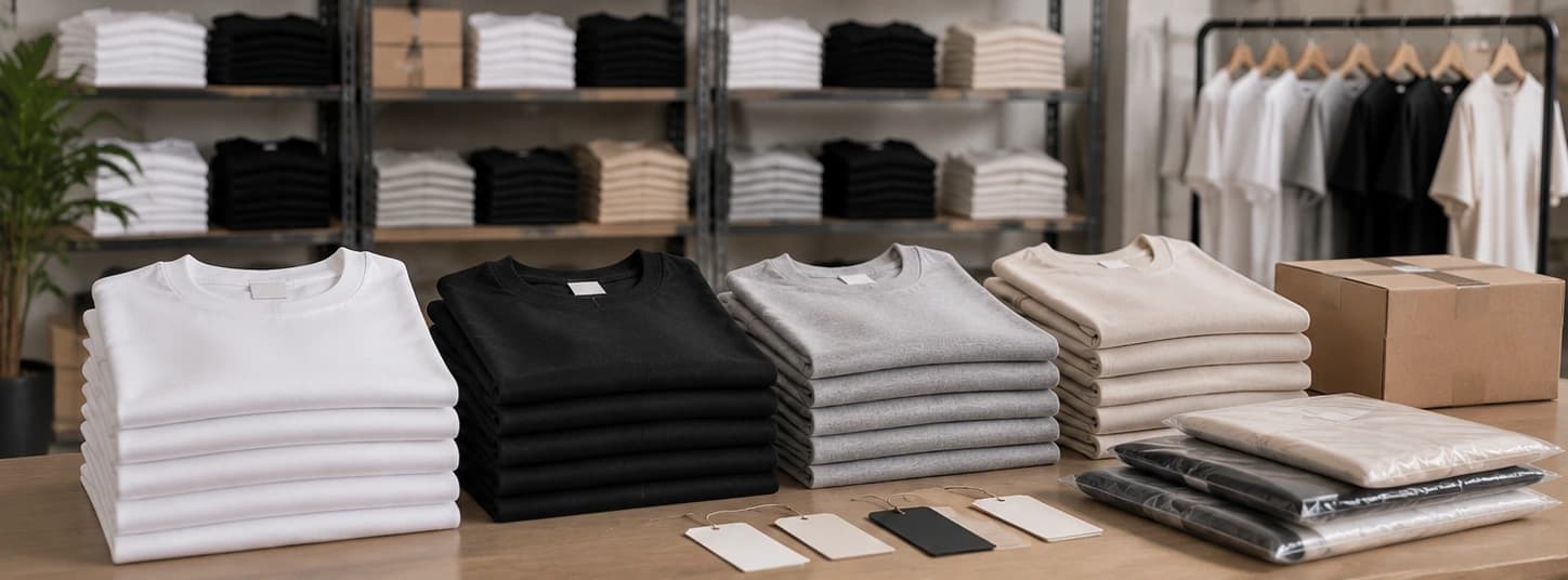Folded stock blanks on the shelf with blank hang tags and polybags