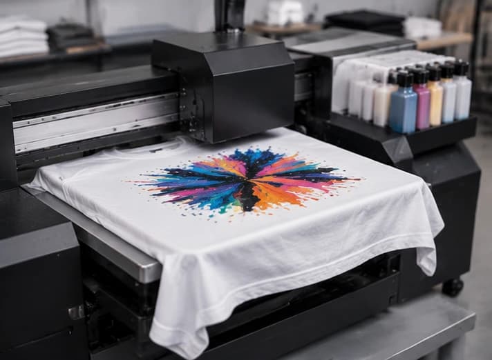 DTG printer laying multicolour artwork onto a white cotton tee