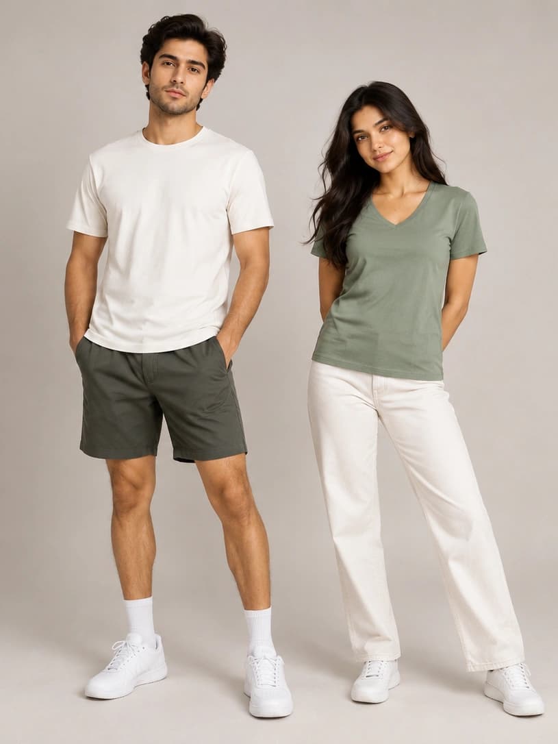 Crew-neck and v-neck tees worn as a branded core range